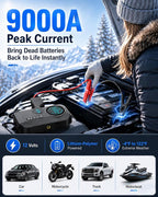 9000A Jump Starter with Air Compressor, 12V Battery Jump Box with Air Pump | Portable Car Battery Jump Starter and 150PSI Tire Inflator with 8000mAh Power Bank, LED Light, Dual LCD Screen and EVA case