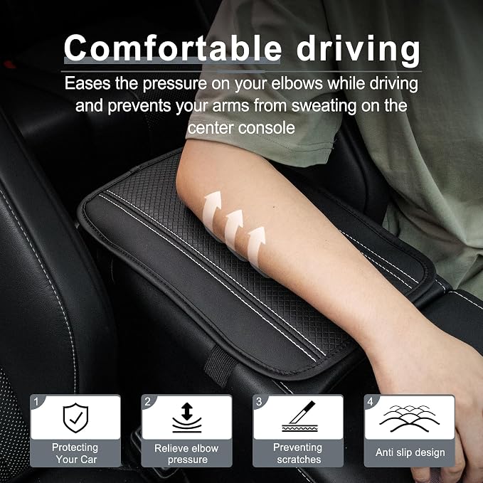 Car Center Console Cover, Upgraded Leather Car Armrest Cushion, Universal Waterproof Cushion Pad, Non-Slip Car Interior Accessories, Fits Most Sedans SUVs Trucks (Black-Slivery)