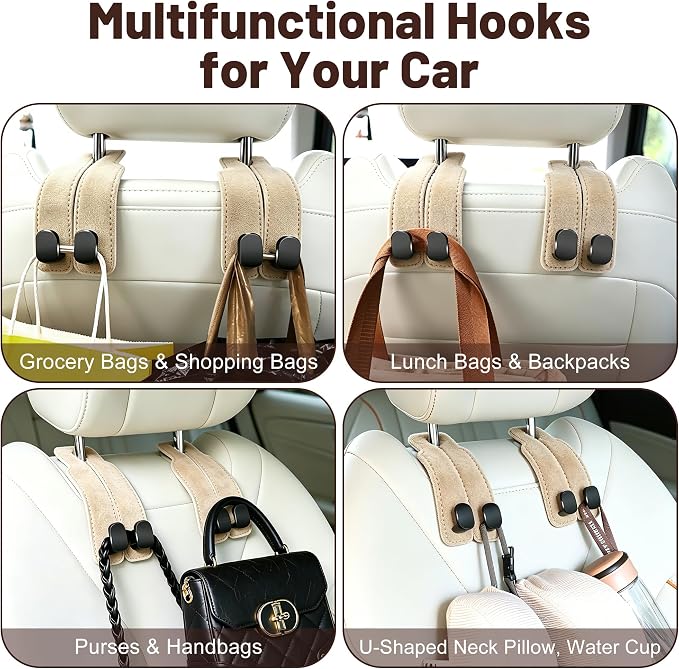 SUKIPIN Car Hooks, Car Seat Headrest Hooks for Purses and Bags 4-Pack Beige | Car Accessories for Women, Solid Durable Construction, Quick Tool-free Mounting, Universal Fit for Most Vehicle Headrests