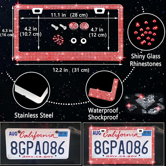 27 PCs Red Bling Car Accessories Set for Women, Steering Wheel Covers Universal Fit 15 Inch, Bling License Plate Frame, Bling Phone Holder, Bling Car Coasters (Red Diamond)
