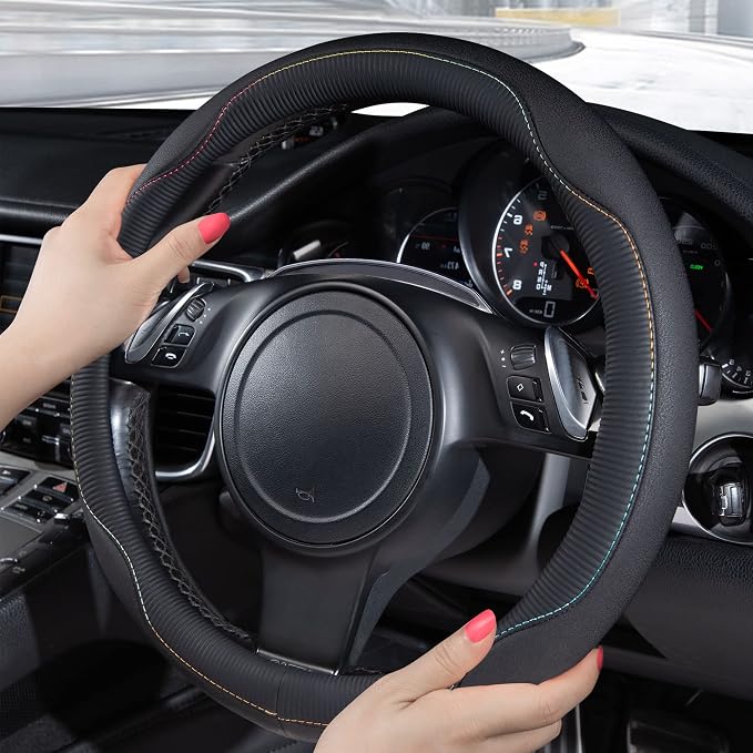 Colour Piping Leather Universal Fit Steering Wheel Cover,Perfectly fit for 14.5-15 inches for Various Vehicles Suvs,Vans,Trucks,Sedans,Cars(Black Multicolor)