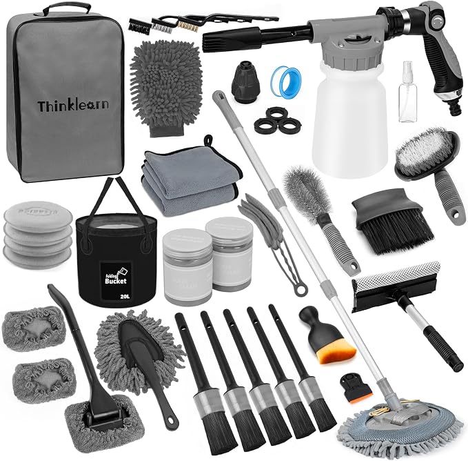 Car Wash Detailing Kit with Foam Gun, Car Cleaning Kit Set,Car Wash Brush with Long Handle, Large Folding Bucket for Interior Exterior Car Wash Supplies, Car Gift Set Gray
