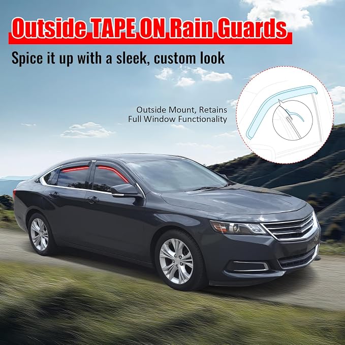 Fit 2014-2020 Chevy Impala Tape on Slim Style Acrylic Smoke Window Visors |, Dark Smoke, Scratch Proof, Waterproof, Custom Fit, Wind Sun Rain Vent Guards 4PCS, 2015 2016 2017 2018 2019