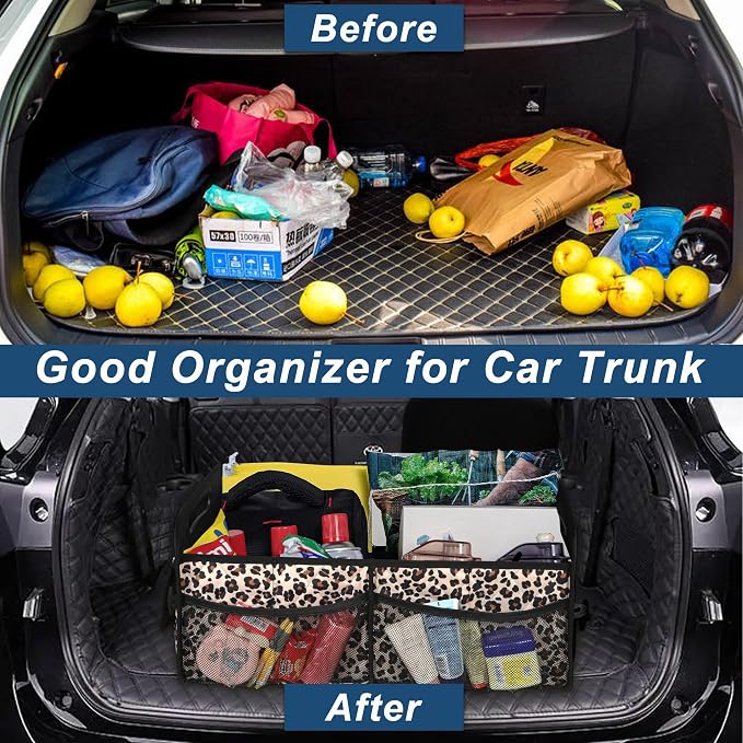 Trunk Organizer and Storage with Reinforced Handles,Car Accessories for Women/Men 50L Waterproof Polyester Trunk Organzier for Car/SUV/Minivan/Truck(Medium,Leopard print)