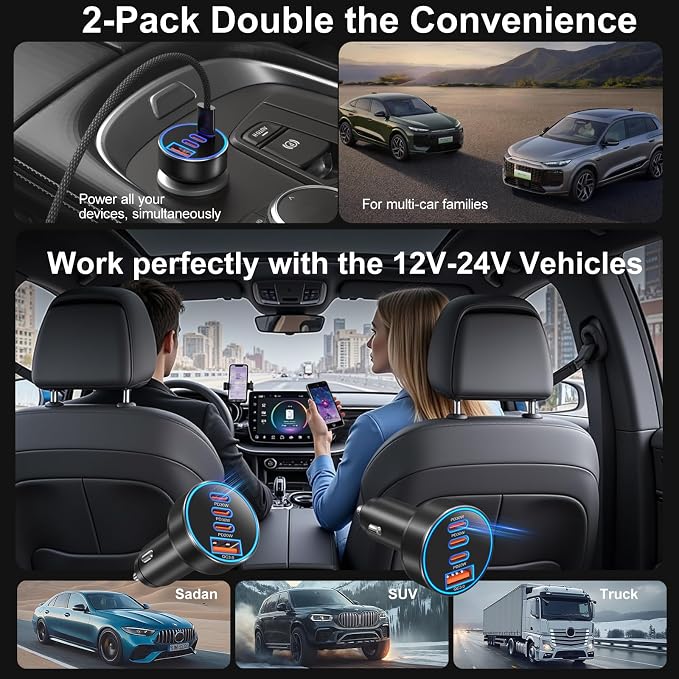 USB-C Car Charger, 2 Pack 4-Port 98W Car Charger USB C Fast Charger,3 USB-C & USB-A Car Cigarette Lighter USB Charger Fast Charging for iPhone 17/16/15/14 Series,iPad Pro,Galaxy S26/S25 Ultra,Pixel