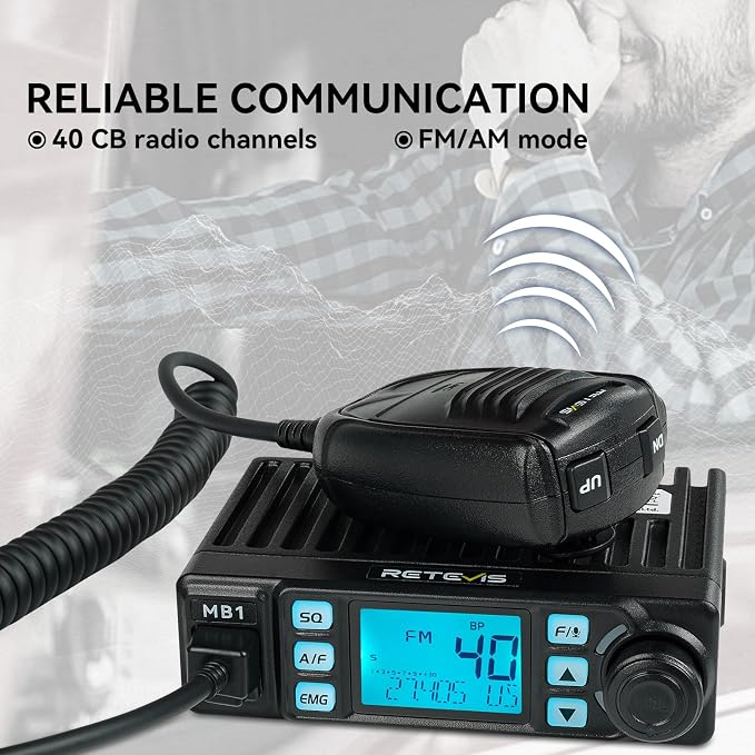 MB1 CB Radio Kit, Noise Cancellation AM/FM Mini CB Radio with Antenna, 12V/24V Cigarette Lighter Plug, 7-Color Screen, Emergency Channel 9/19, VOX, Auto-Scan, for Truckers