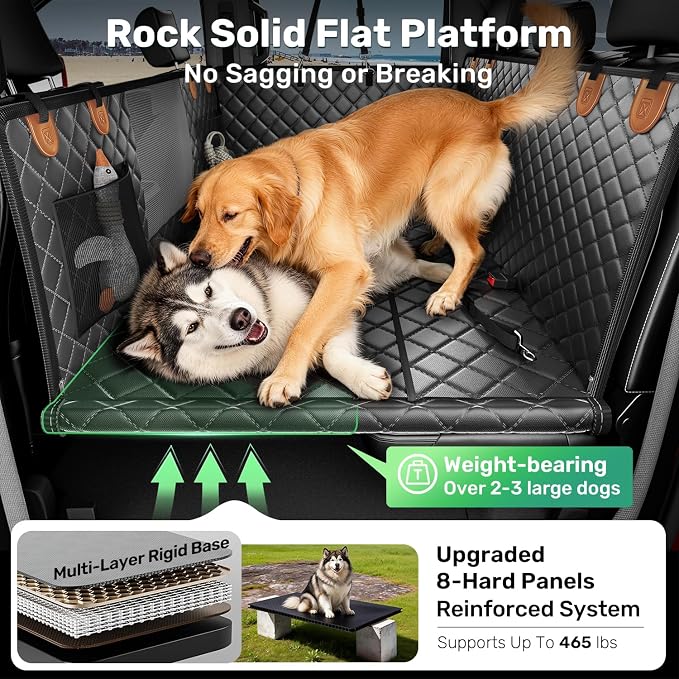 Heavy-Duty Dog Car Seat Cover, Flat Solid Back Seat Extender for Multi Large Dogs, Hard Bottom Supports 450 lb, Waterproof Scratchproof Hammock Protector, Standard for Cars, SUV, Trucks, Matte