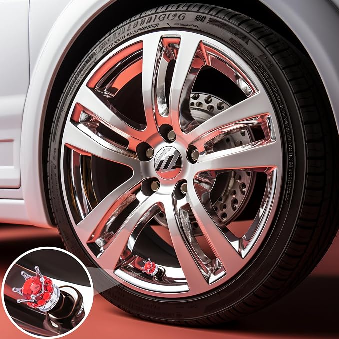 4PCS Crown Bling Tire Stem Valve Caps, Crystal Diamond Car Wheel Tire Valve Caps Universal Copper Core Stem Covers for Cars, SUV, Trucks, Bikes, Motorcycles, Bicycles (Silver & Red)