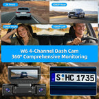 W6 Dash Cam 4 Channel Dash Cam 2K Front + 1080P Rear & Side 360° Coverage 8 IR Night Vision 5GHz WiFi & App G-Sensor Parking Monitor 64GB SD Card Included