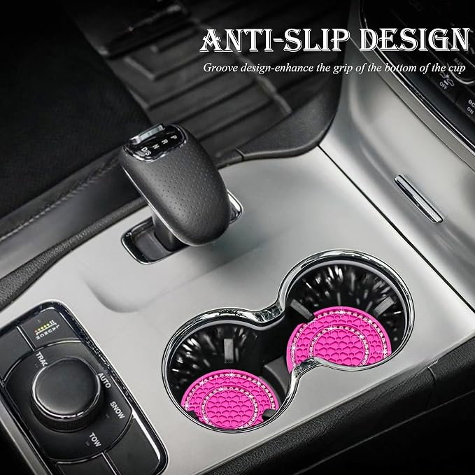 4PCS Bling Crystal Rhinestone Cup Holder Coaster, 2.75 inch Soft Silicone Anti-Slip Shockproof, Car Cup Holder Insert Coasters, Universal Car Interior Accessories for Women (Rose Red & White)