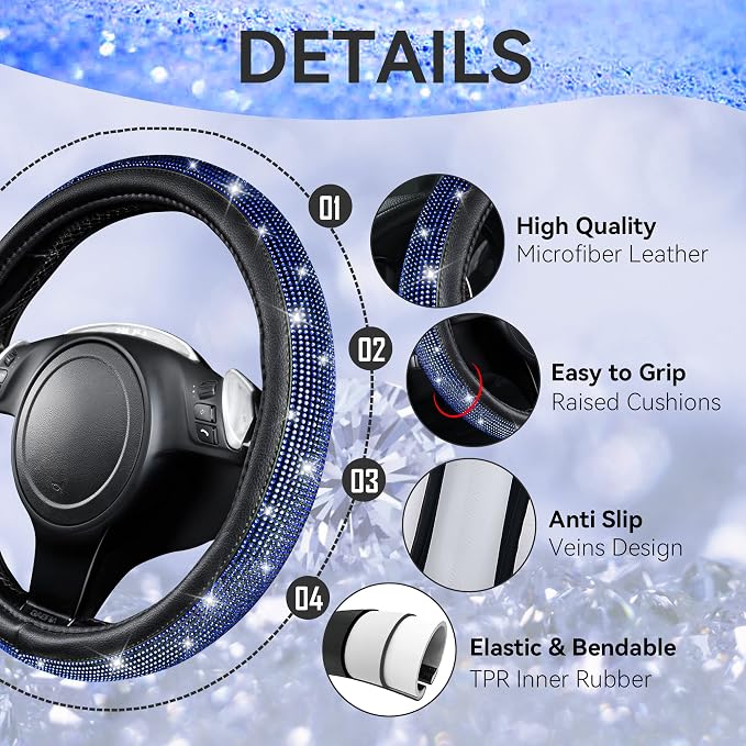 11 PCS Bling Diamond Car Accessories for Women, Sparkly Rhinestone Steering Wheel Cover, Bling Seat Belt Cushion, Glitter Shift Knob Cover, Car Cup Holder Coaster, Cute Interior Sets Blue