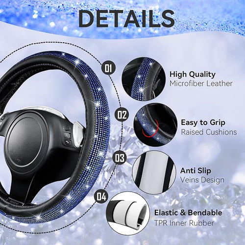 11 PCS Bling Diamond Car Accessories for Women, Sparkly Rhinestone Steering Wheel Cover, Bling Seat Belt Cushion, Glitter Shift Knob Cover, Car Cup Holder Coaster, Cute Interior Sets Blue