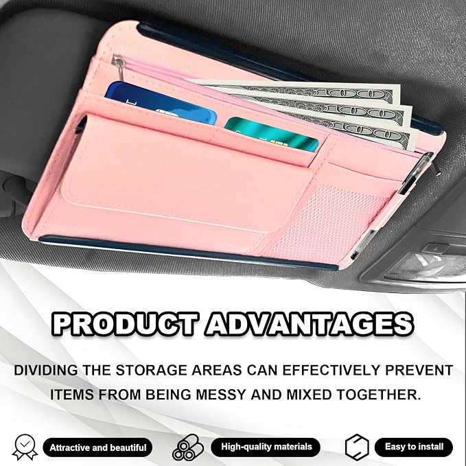 Car Sun Visor Storage Bag, Soft Leather Surface Organizer, Scratch-Resistant Auto Sunshade Organizer Bag, Can Store ID Card, Eyeglasses, Pen, Driving License etc (Pink)