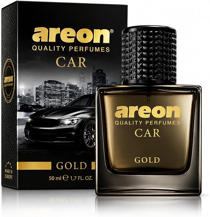 Car Perfume Gold - Air Freshener in Glass Bottle - Luxury Odor Eliminator Spray with Absorber Hanging Pad - Unique Fragrance & Long-Lasting Aroma for Vehicle, Office, Home - Made in Europe, 50ml