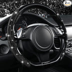 2PCS Bling Diamond Segmented Steering Wheel Cover with Crystal Rhinestones, Wheel Protector Non-Slip Cute Car Accessories Universal Fit D-Shape O-Shape 14.5" to 16" for Women, Black Diamond