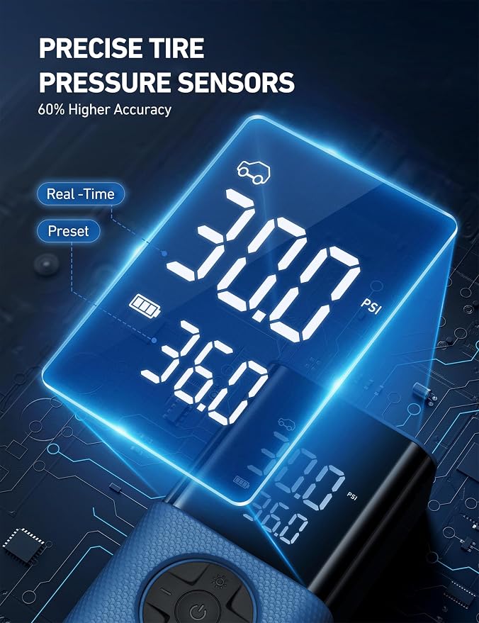 L7S Tire Inflator Portable Air Compressor Cordless with Digital Pressure Gauge, 150 PSI LED Light Bike Air Pump with Fast Inflation & Auto Shut-Off for Car Tires,Motorcycles,Bikes,Balls,Blue