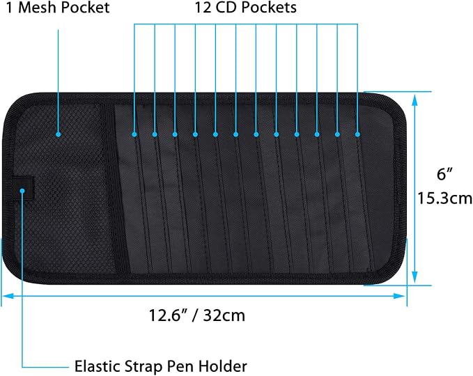 Car CD Case Holder, Vehicle Sun Visor Organizer for Cars with 12 DVD Storage Sleeves, 1 Mesh Pocket, 1 Pen Holder and Elastic Strap, Black