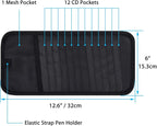 Car CD Case Holder, Vehicle Sun Visor Organizer for Cars with 12 DVD Storage Sleeves, 1 Mesh Pocket, 1 Pen Holder and Elastic Strap, Black