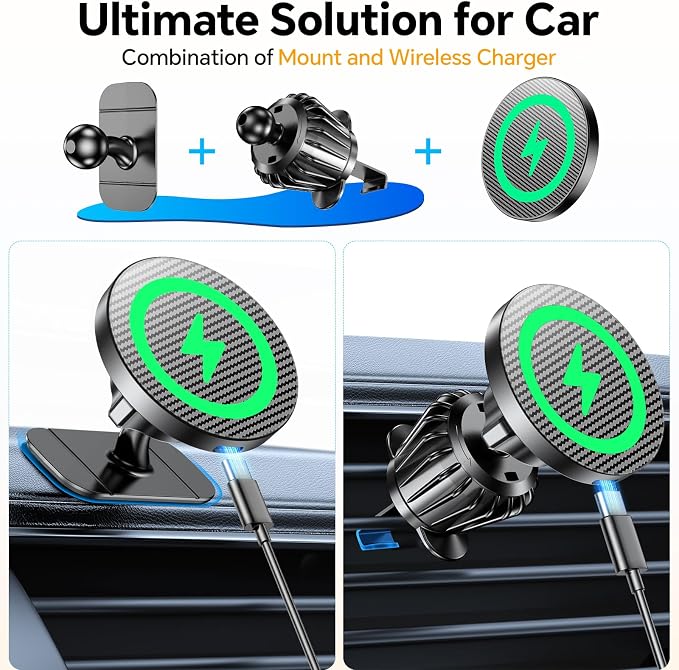 for Magsafe Car Mount Charger【100% Stable】15W Magsafe Car Charger Magnetic Phone Holders for Your Car Accessories for Women Men car Phone Holder Wireless Car Charger for iPhone (Carbon Fiber)