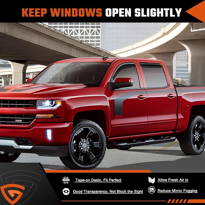 Rain Guards Fit for Chevy Silverado/GMC Sierra 1500 Crew Cab 2014 2015 2016 2017 2018, Tape-On Window Deflector Extra Durable Side Sun Rain Guard 2014-2018 Silverado/Sierra Rain Guard Black