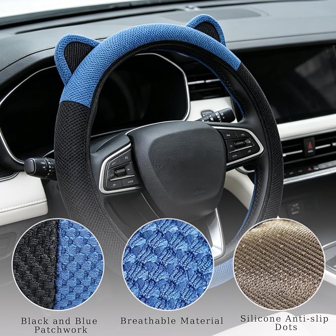 Steering Wheel Cover with Ears Keychain Fit 14-15 inch Black Blue | Cute Car Steering Wheel Covers for Women Girls Elastic Breathable Steering Wheel Protector Accessories Universal Size