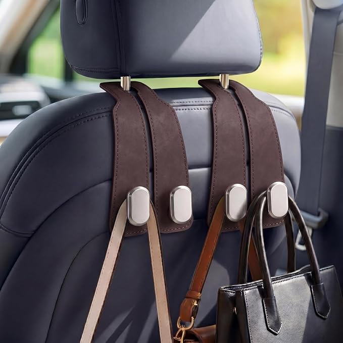 Car Seat Headrest Hooks for Purses & Shopping Bags, 2 Pack Suede Car Purse Hook, Double Hooks Secure Bags While Driving, Elegant & Durable, Simple to Install, Fits Handbags, Grocery Bags, Bottles.