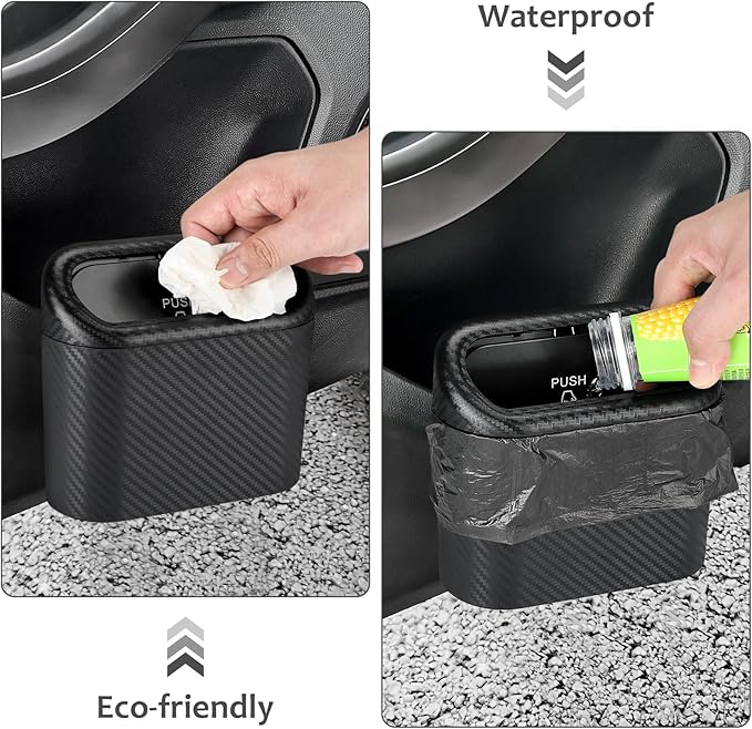 Car Trash Can with Lid, Mini Vehicle Trash Bin Portable Car Dustbin Garbage Organizer Holder with One Roll Trash Bag, Small Hanging Leakproof Auto Storage Bag Container (Carbon Fiber)