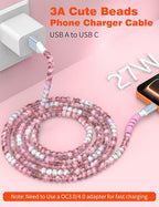 USB A to USB C Cable 6FT,Beaded Charger Cord for iPhone 17 16 Pro Max 17e 15 Car play,Cute Type C Car Charger Charging Cord for iPad 10 11th A16/Samsung S26 S25 S24/Android Phone Girls Women,PurpleRed