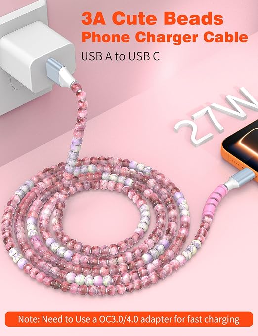 USB A to USB C Cable 6FT,Beaded Charger Cord for iPhone 17 16 Pro Max 17e 15 Car play,Cute Type C Car Charger Charging Cord for iPad 10 11th A16/Samsung S26 S25 S24/Android Phone Girls Women,PurpleRed