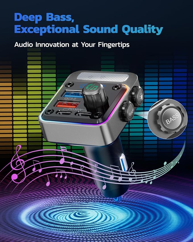 54W Bluetooth 5.3 Car Adapter with 4 Charging Ports [PD 36W & QC3.0 18W], Wireless Radio FM Transmitter with Deep Bass Player & 5 Colors LED Backlit, Hands-Free Calling - Silver