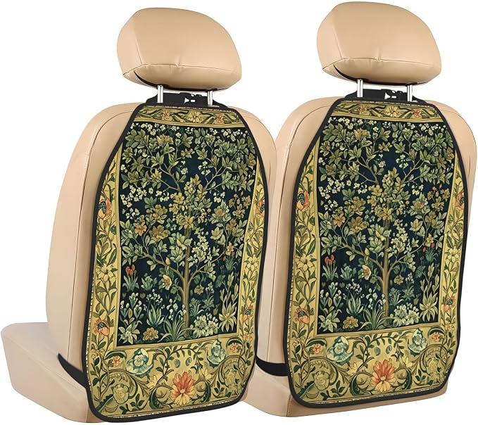 William Morris Greenery Forest Tree Floral Animals Blue Green Car Seat Back Kick Protectors Kick Mats With Storage Pockets For Vehicles To Protect From Dirt Mud Scratches 2 Pack