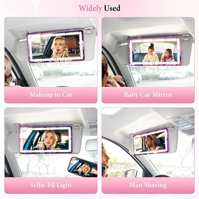 2PCS Car Sun Visor Vanity Mirror - Rechargeable Makeup Mirror with 60 LEDs, 3 Light Modes & Dimmable Touch Control for Cars, Trucks, SUVs, Car Interior Accessories for Women (Purple)