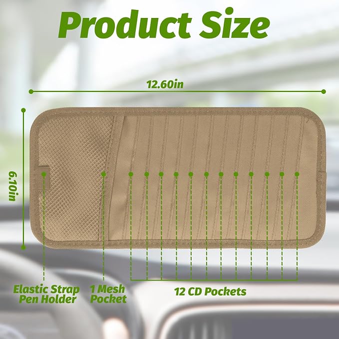 Car CD & DVD Holder - Large Capacity CD Visor Case, Vehicle Visor Storage Organizer with 12 Disc Sleeves, 1 Mesh Pocket 1 Pen Holder and & Elastic Band (Khaki)