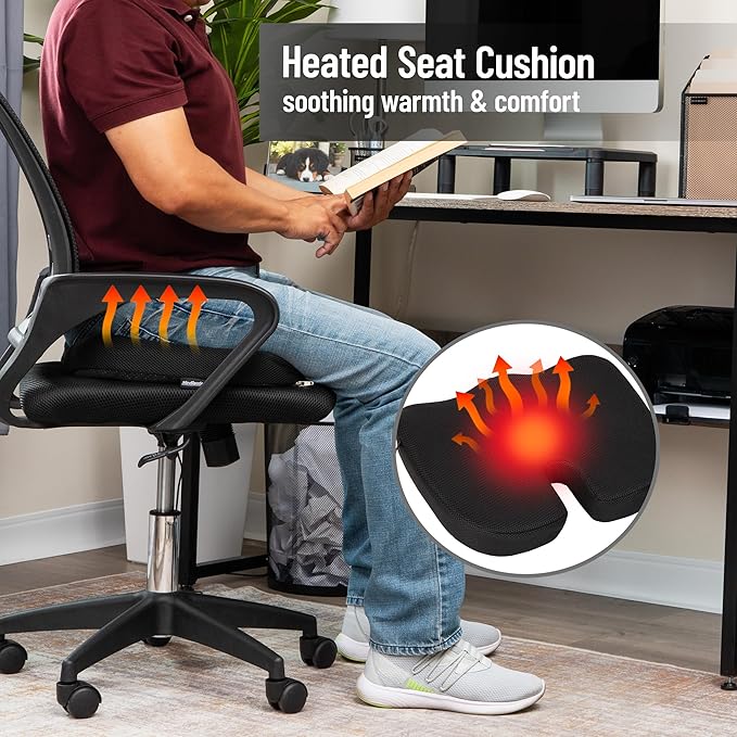 Heated Memory Foam Seat Cushion with Air-Cloud Support, Slim Ergonomic Cushion with 4 Heat Settings Timer and Auto Shut-Off, Black