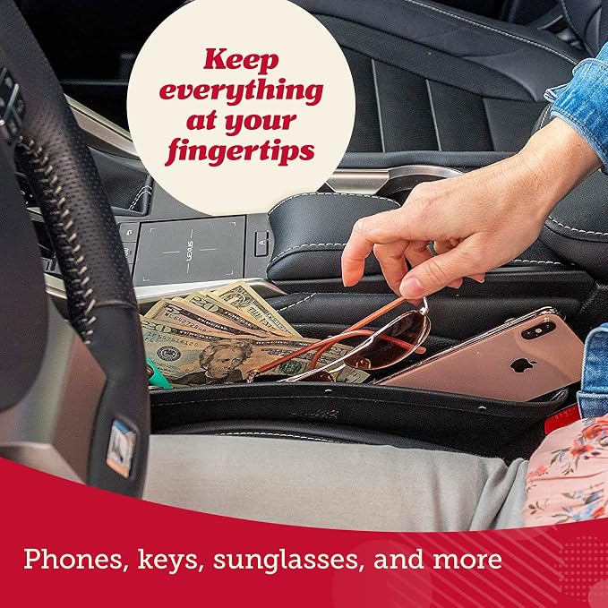 Car Seat Gap Organizer - Pack of 2 - Prevents Items Falling & Seat Gap Filler - Universal Fit 0.5"-2" Slots & Automotive Use - Easy Clean Design for Auto Accessories - Gray Faux Leather