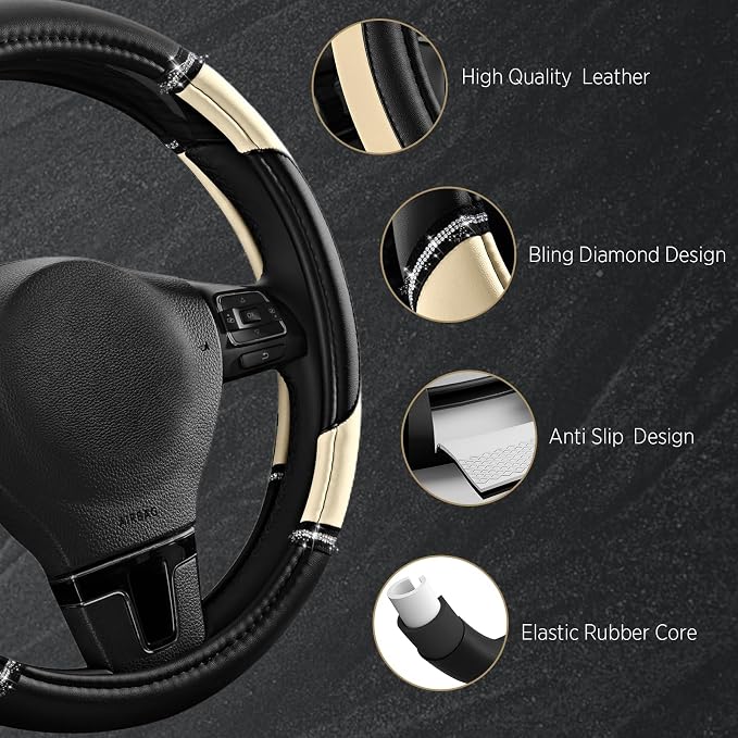 Leather Steering Wheel Cover - Made with PVC Leather - Anti-Slip, Universal Fit 14 1/2 inches to 15 inches - Milky White