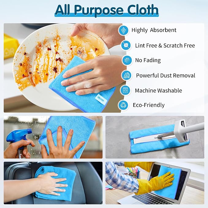 Blue Microfiber Cleaning Cloth -Pack of 12, Highly Absorbent Cleaning Rags, 16"X12" All Purpose Cleaning Towels for Housekeeping, Kitchen, Car, Lint Free and Reusable Microfiber Towels
