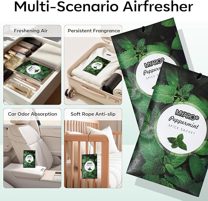 12 Pack Peppermint Scented Sachets for Drawer, Closet Odor Eliminator Air Freshener Bags, Cool Mint Fragrance for Car & Home Aroma