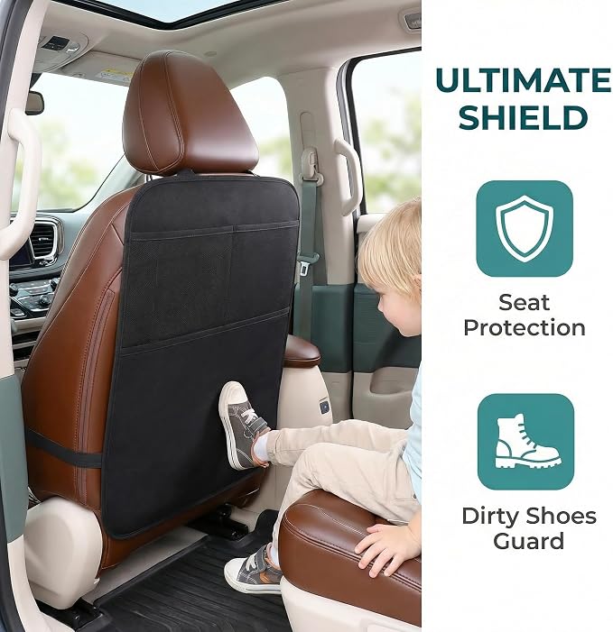 2 Pack Leather Car Seat Protector - Thick Back Seat Cover for Kids, Kick Mats with Storage Pockets, Protects from Scratches, Spills & Shoes (Easy Clean) (2 Pack 23x17in)