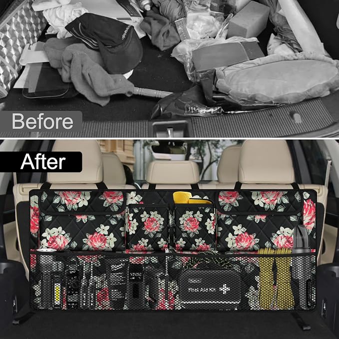 Femuar Car Trunk Organizer,Large Capacity Backseat Trunk Organizer(42"*18"),Collapsible Car Storage Bag with 8 Pocekt,Car Organizer for SUV/MPV/Truck - Floral