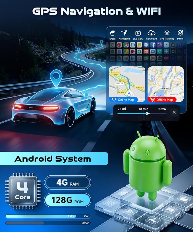 4G+128G Android 15 Car Stereo for Toyota Yaris Vios 2007-2014, Wireless Carplay Android Auto, 9'' in-Cell Screen Car Radio with GPS/Bluetooth 5.0/FM RDS/EQ/Wi-Fi Mirror Link Backup Camera SWC