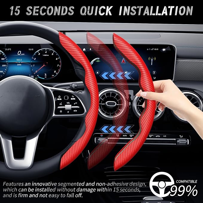 2pcs Car Steering Wheel Cover,Anti-Skid Carbon Fiber Steering Wheel Protector for Men Women,Multiple Color Options,Universal for Most Car Interiors Accessories (Red)