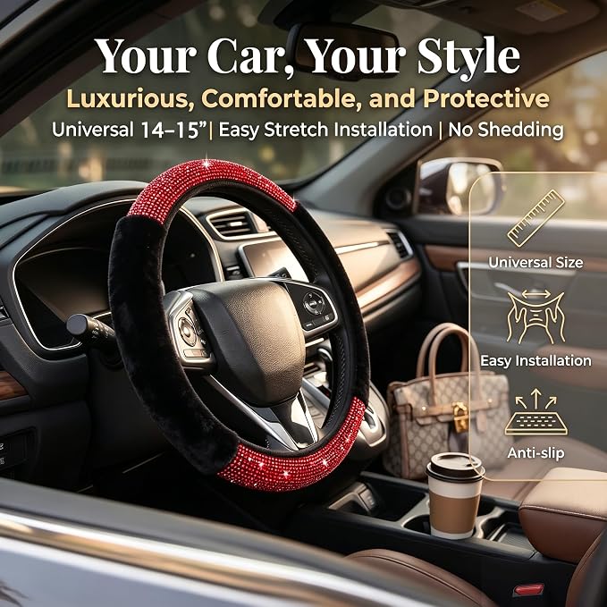 Bling Steering Wheel Cover Fluffy Red Rhinestone for Women Girls | Diamond Elastic Car Steering Wheel Accessories Sparkling Fur Steering Wheel Protector Winter Warm Universal Fit 14"-15"