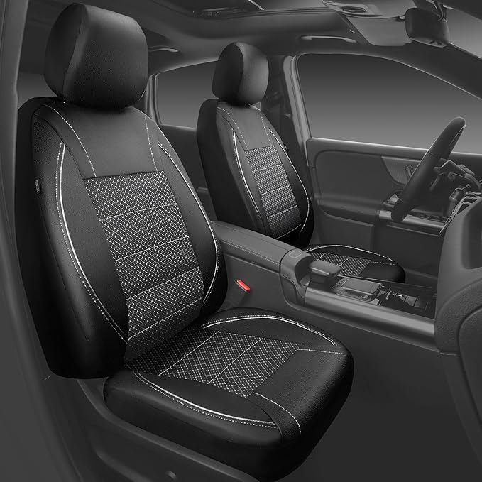 Piping PU Leather Car Seat Cover Full Set, Inside Zipper Design and Reserved Opening Holes, Airbag Compatible,Universal FIT for Car, SUVs,Van,Trucks（Full Set, Black & Silver