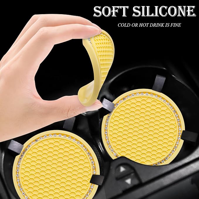 4PCS Bling Cup Holder Coaster, 2.75 Inch Auto Car Cup Holder Insert Coasters, Soft Silicone Anti-Slip Shockproof, Universal Vehicle Interior Accessories for Women Girls (Yellow & White)
