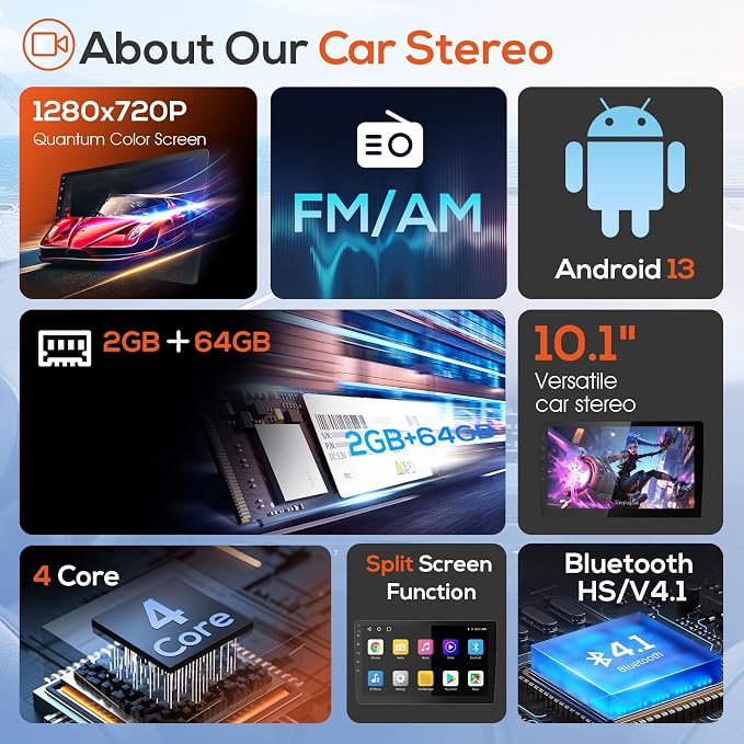 10.1" Double Din Car Stereo, Touchscreen Car Radio with Wireless Apple CarPlay & Android Auto, Bluetooth 4.1, HD Backup Camera, Mirror Link, GPS Navigation, WiFi, Voice Control, 2+64GB, FM/AM