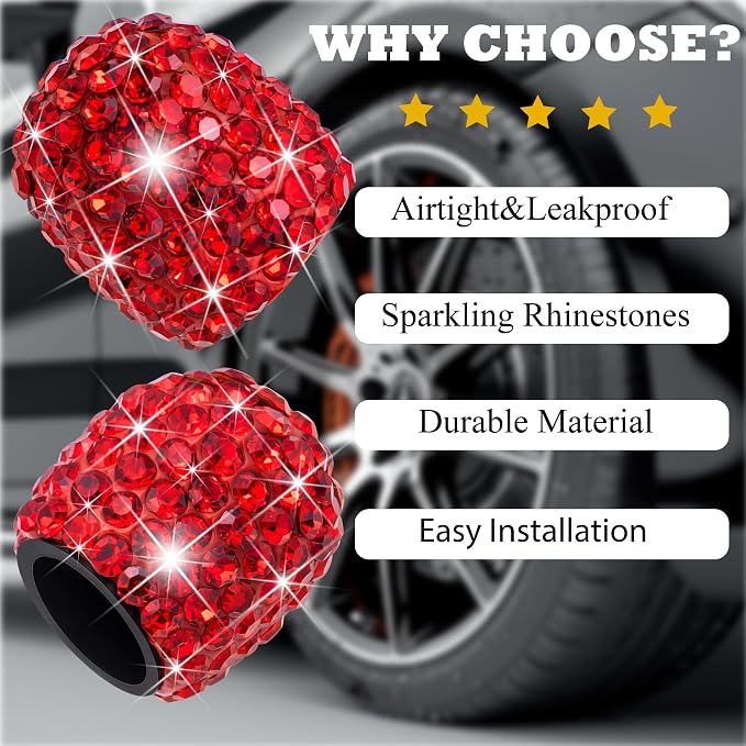 4PCS Bling Crystal Diamond Tire Stem Valve Caps, Dustproof Car Wheel Tire Valve Caps Universal Tire Valve Stem Covers for Cars, SUV, Trucks, Bikes, Motorcycles, Bicycles (Red)