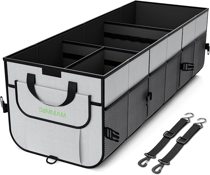 Car Trunk Organizer with Insulated Grocery Bag- 110L High Capacity Car Storage Box, with 4 Compartments, Reflective Strip, Cover, for Auto, SUV, Truck, Minivan