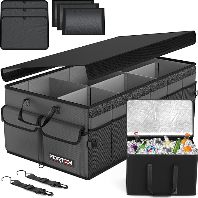 Trunk Organizer with Cooler For SUV Car Trunk, Foldable Storage, Car Accessories for Women Men, Collapsible Bag, 600D Oxford, Non Slip Bottom, Straps, Soft Cover (105L)
