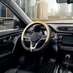 Flat Bottom Steering Wheel Cover Breathable, D Shaped Car Wheel Cover 14 1/2-15 in. (37-39 cm), Black Beige Microfiber Leather